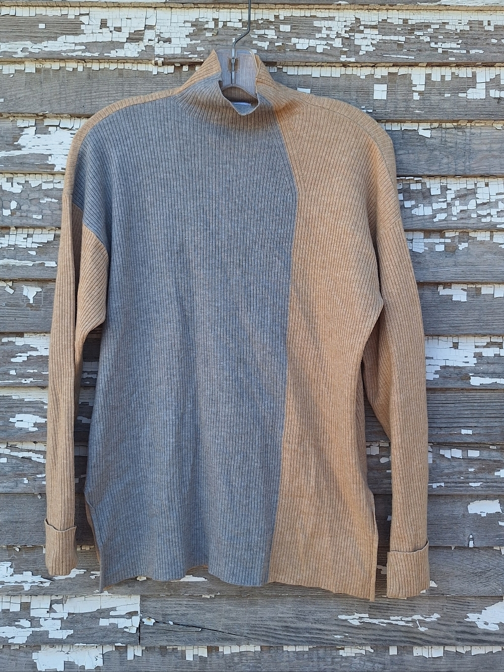 Cara Santana X Nine West Tunic Sweater Colorblock Turtleneck Tan Gray Size Small